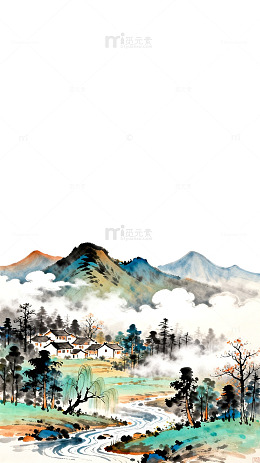 水墨山水田园风光插画