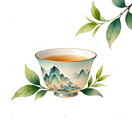 水墨山水茶杯艺术插画