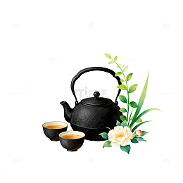 水墨风茶具与花卉图案