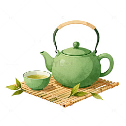 绿色茶壶茶杯插画素材