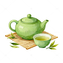 绿色茶具水彩画