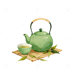 绿色茶壶与茶杯手绘插画