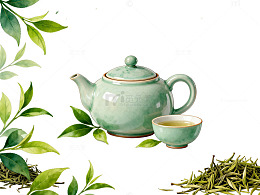 绿茶水墨画茶壶茶杯插画素材