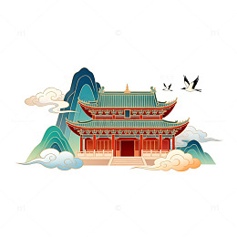 古风建筑山水画矢量素材