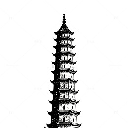 水墨画中国古塔素描