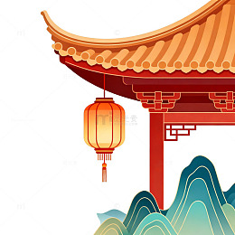 中国风古建筑灯笼山水画矢量图