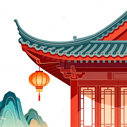 中国传统建筑灯笼山水画