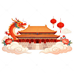 中国风古建筑龙狮图案装饰元素