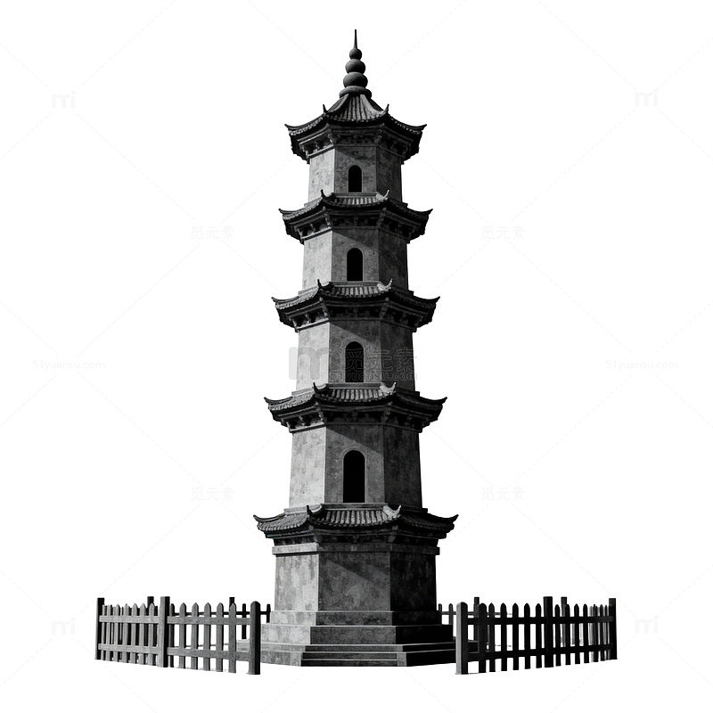 黑白水墨塔楼建筑图样
