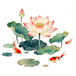 水彩荷花锦鲤插画设计素材