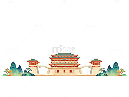 古风建筑山水画矢量设计图