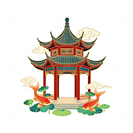 中式古典亭台楼阁插画