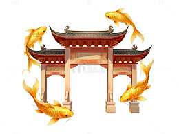 传统中式门楼金鱼图案设计