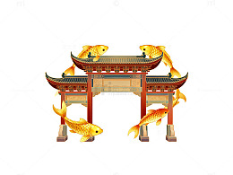 传统中式门楼金鱼装饰插画