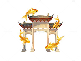 古典中式门楼金鱼插画