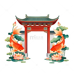 中国风锦鲤莲花传统建筑插画
