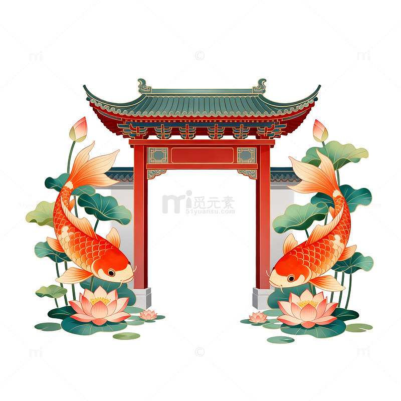 中国风锦鲤莲花传统建筑插画