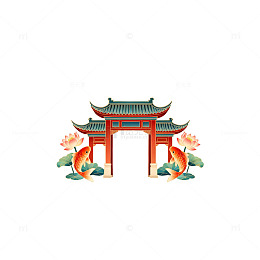 中国风传统建筑鲤鱼图案插画