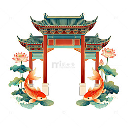 中国风古建筑荷花锦鲤装饰图案