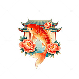 中国风锦鲤牡丹图案元素