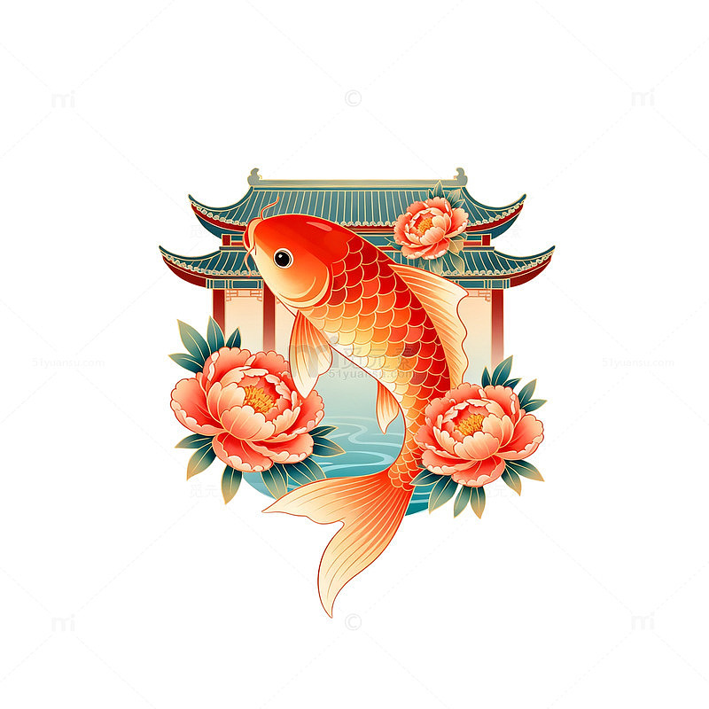 中国风锦鲤牡丹图案元素