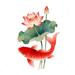 水墨风荷花锦鲤国画设计素材