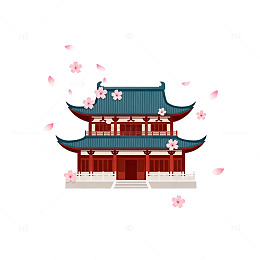 古风建筑樱花插画