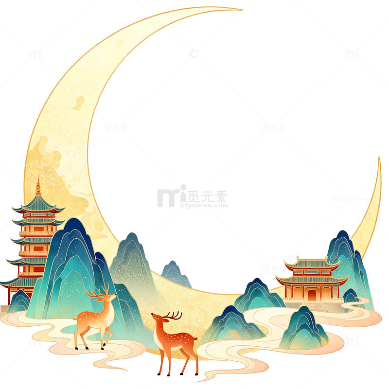 古风月亮山水鹿建筑插画