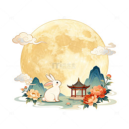 古风中秋月圆兔亭花卉图