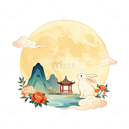 古典风中秋月圆兔景插画