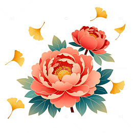 牡丹插画银杏叶装饰图案