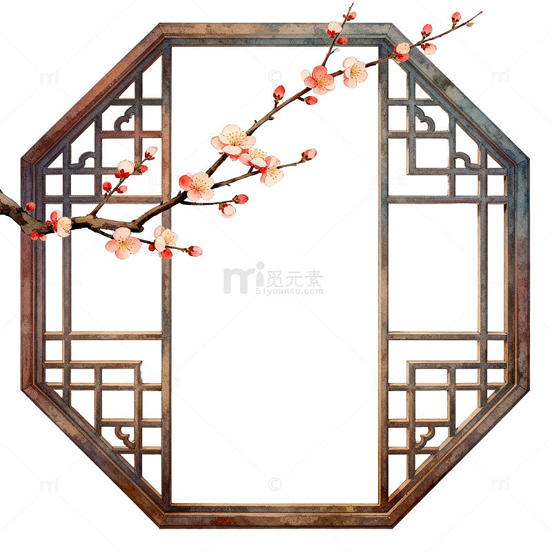 中式窗棂梅花插画设计元素