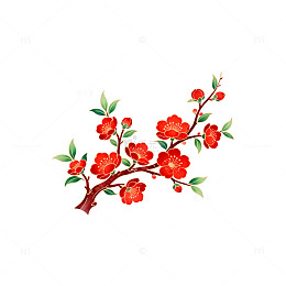 中国风红花枝条图案设计元素