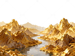 金色山脉河流奇幻场景