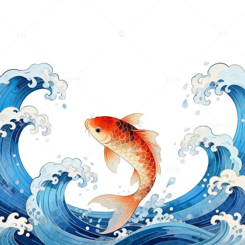 锦鲤跃浪水墨画