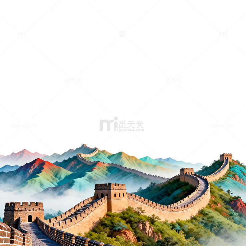 水墨风长城景观插画设计元素