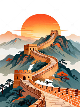 长城落日山水画平面设计图