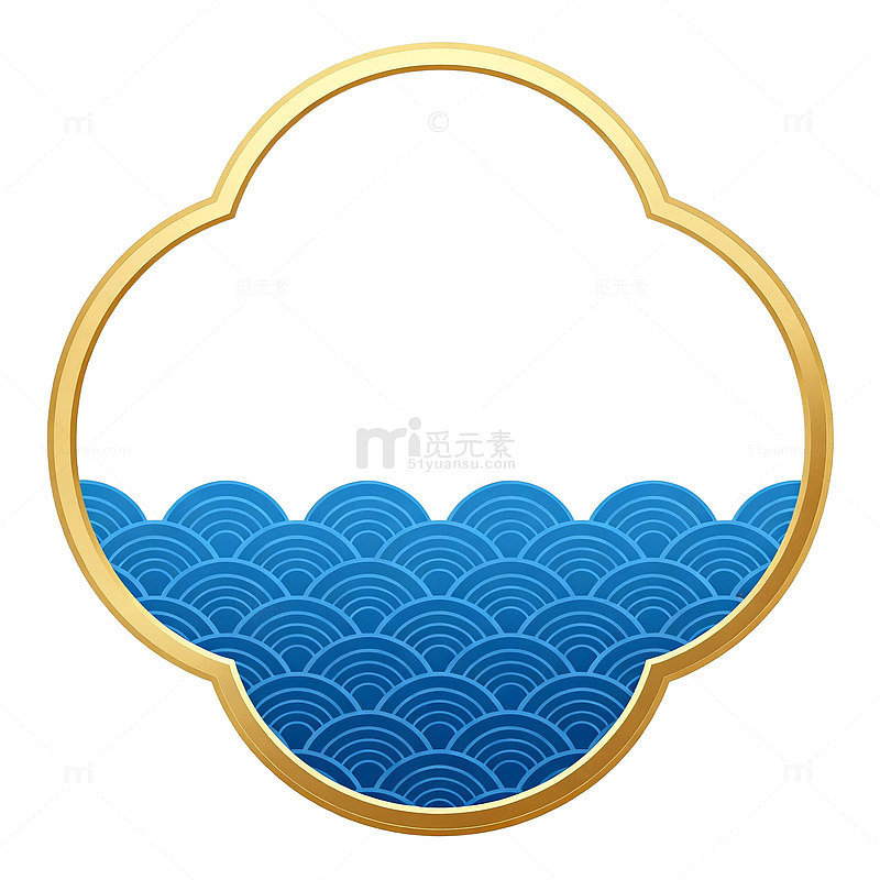金色圆框蓝色波浪图案