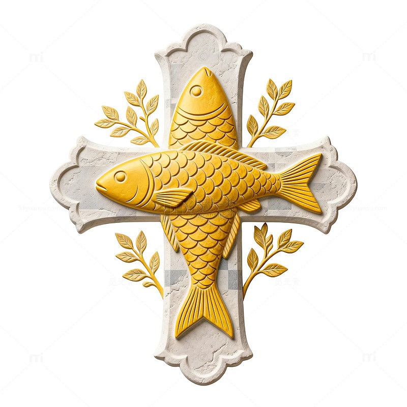 金色鱼装饰十字架浮雕艺术