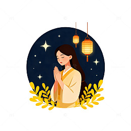 祈福夜插画女性人物灯笼