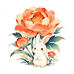 卡通兔牡丹插画素材