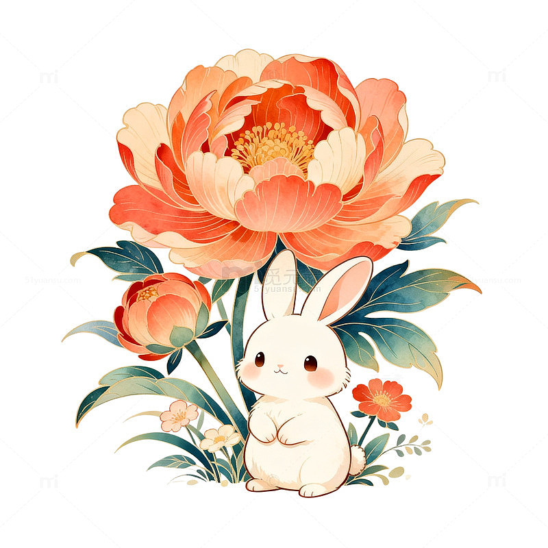 卡通兔牡丹插画素材