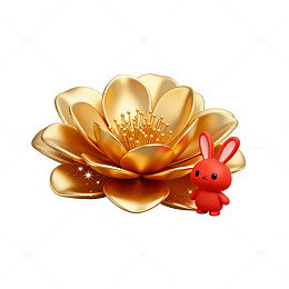 金色花朵与红兔卡通插画
