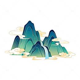 国风山水画云瀑布矢量插画