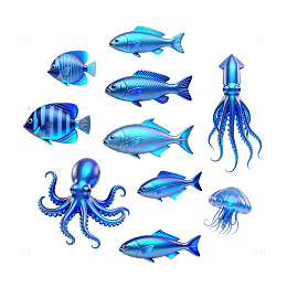 蓝色海洋生物卡通贴纸