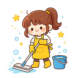 卡通女孩拖地清洁场景元素