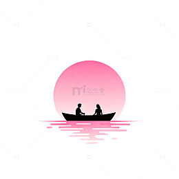 浪漫日落船上情侣剪影插画
