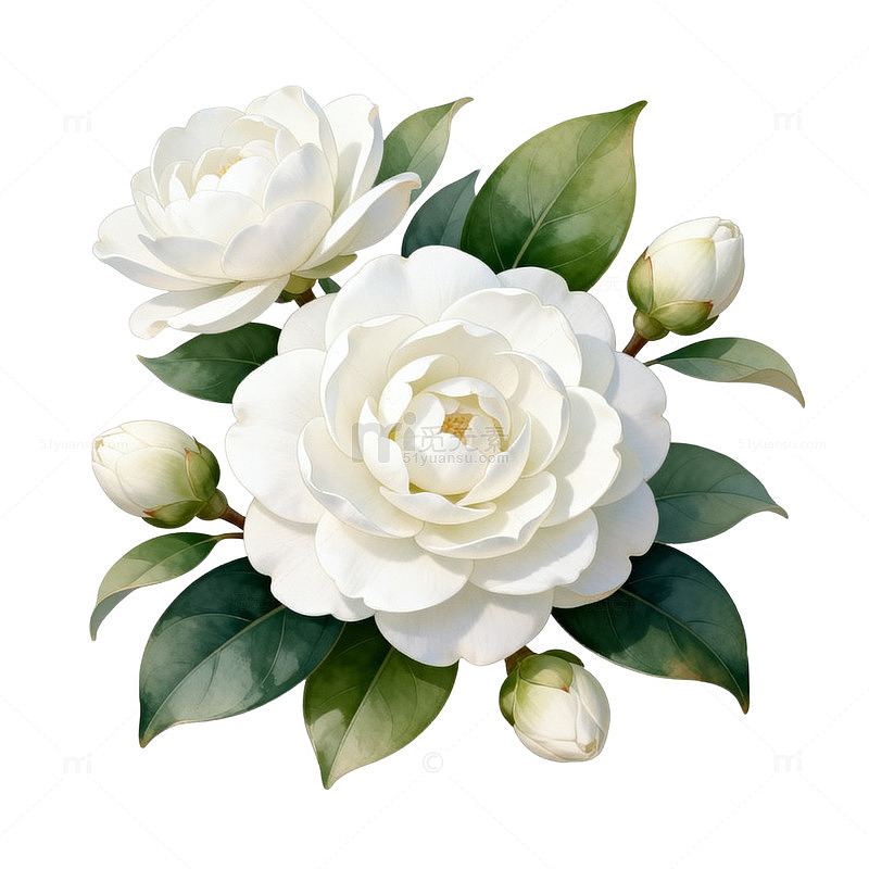 水彩白玫瑰花束插画素材
