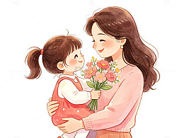 温馨母爱插画母女相拥鲜花