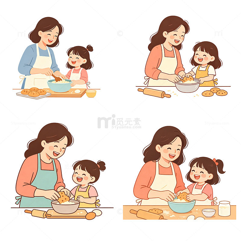 亲子陪伴日常扁平插画做饭